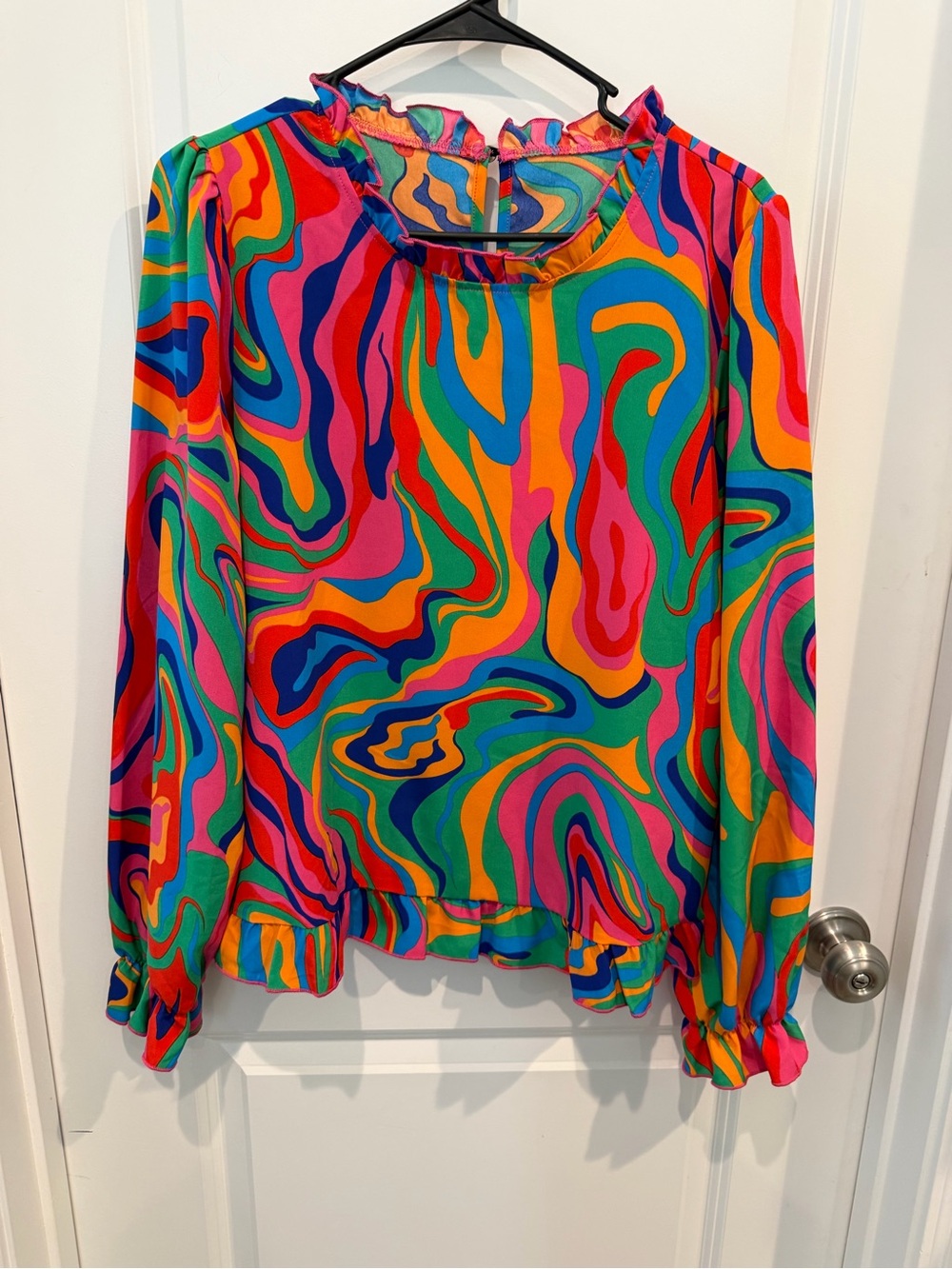 SHEIN Multicolor Swirl Ruffle-Neck Long Sleeve Blouse Size Large